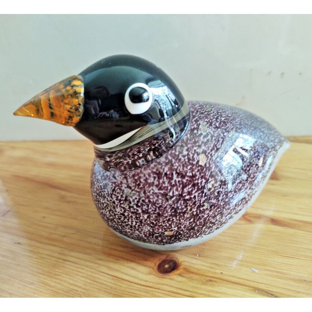 Vintage Hand Blown Glass Bird Figurine Paperweight Brown and Gold speckles 7"